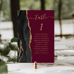 Black Gold Agate Bourgogne Mariage Numéro de table<br><div class="desc">Le bord gauche de cette élégante carte de numéro de table mariage moderne comporte une bordure en aquarelle noire, recouverte d'une parties scintillant en faux or. Le mot "table" apparaît en écriture manuscrite de couleur or sur un arrière - plan rouge bordeaux. Ajoutez les noms de vos invités qui sont...</div>