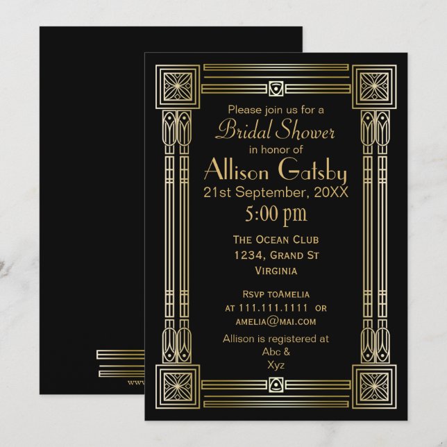 Black Gold Art déco douche nuptiale Invitation (Devant / Derrière)