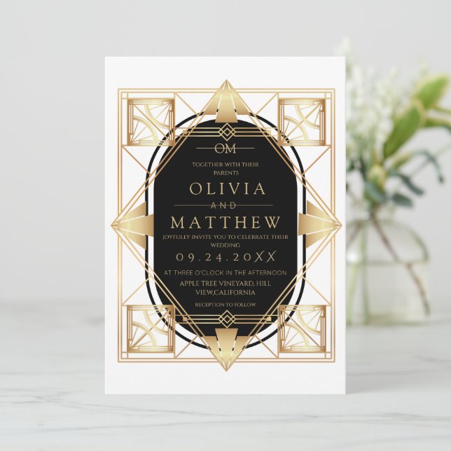 Black & Gold Art Deco Wedding Invitation  (Debout devant)