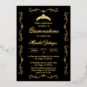 Black Gold avec couronne Quinceanera invitation Fo