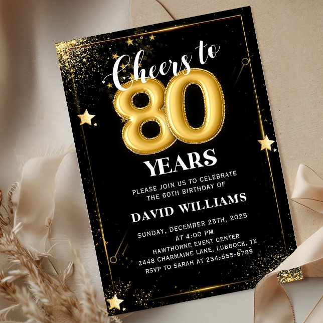 Black Gold Balloons 80th Birthday Party Invitation (Créateur téléchargé)