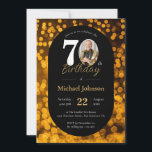 Black Gold Bokeh Photo 70th Birthday Invitation<br><div class="desc">Black Gold Bokeh Photo 70th Birthday Invitation. Entrez dans un monde d'élégance intemporelle avec notre design d'invitation d'anniversaire jalon, une fusion parfaite de sophistication et de personnalisation. La combinaison classique d'or et de noir donne un ton raffiné, créant une atmosphère de luxe sobre. L'amélioration de l'ambiance festive est la photo...</div>