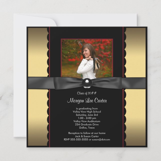 Black Gold Bow Faire-part de graduation photo (Devant)