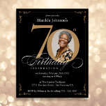 Black Gold Budget Photo 70th Birthday Invitation<br><div class="desc">Black Gold Budget Photo 70th Birthday Invitation. Une invitation spéciale à fêter un anniversaire élégamment conçue,  avec une photo personnalisée de personne d'anniversaire et de calligraphie script avec des éléments florissants vintages. Assez simple pour s'adapter à une variété de thèmes et de couleurs ! Besoin d'aide ? Contactez-moi !</div>