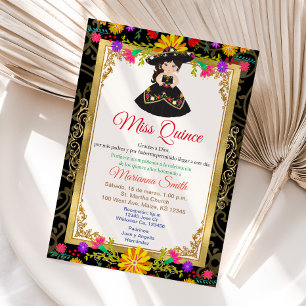 Black Gold Coloral Quinceañera Invitation
