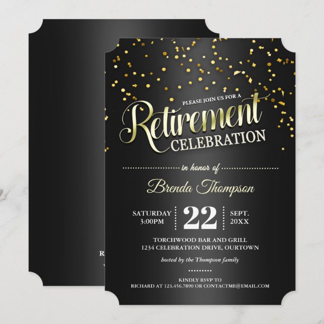 Black|Gold Confetti Retraite Party Invitations (Devant / Derrière)