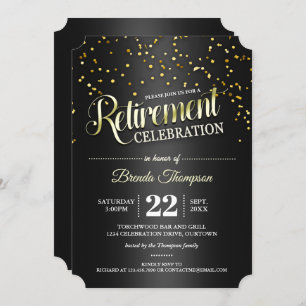 Black Gold Confetti Retraite Party Invitations