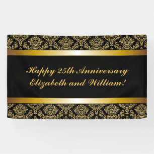 Black Gold Damask Bonne bannière Anniversaire