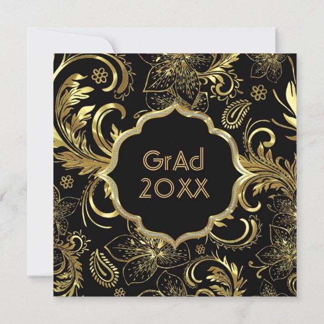 Black Gold & Damques Motif-Elegant Grad Invitation (Dos)