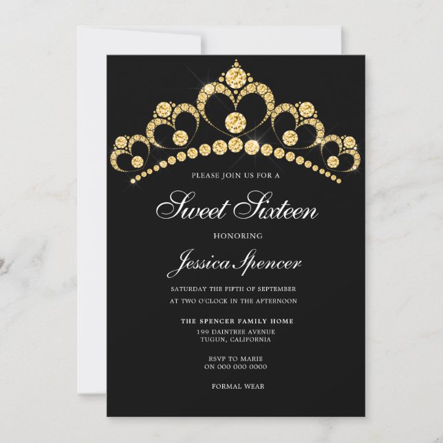 Black & Gold Diamond Tiara Sweet 16 Invitation de  (Devant)
