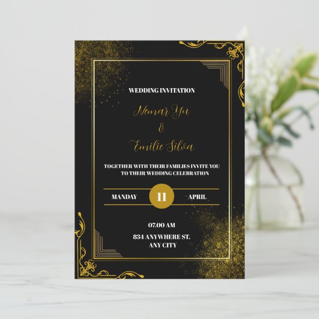 Black Gold Elegant Faire-part de mariage moderne (Debout devant)