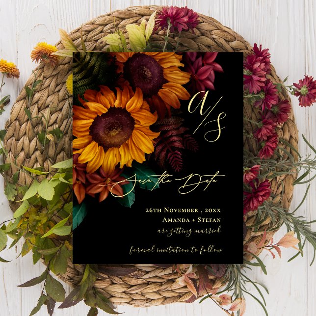 Black & Gold Fall Floral Wedding Enregistrer la da (Black & Gold Fall Floral Wedding Save the Date)