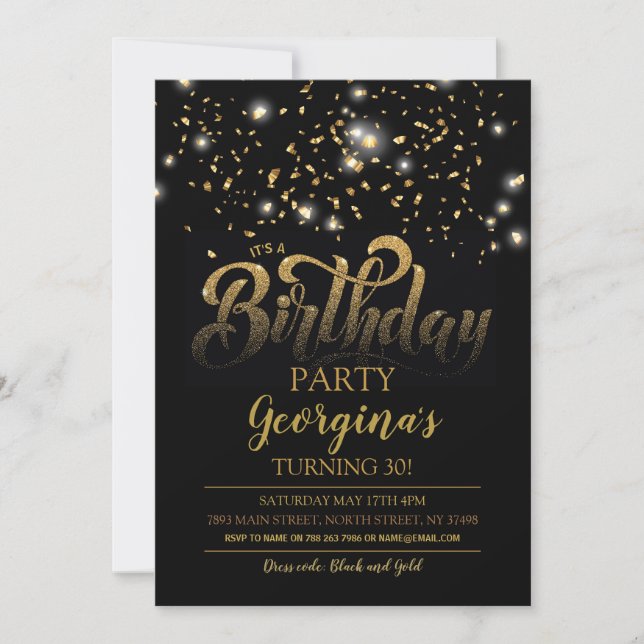 Black & Gold fête d'anniversaire Invitation Sparkl (Devant)