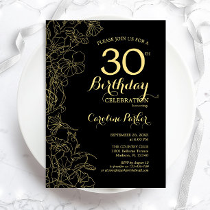 Black Gold Floral 30th Birthday Party Invitation