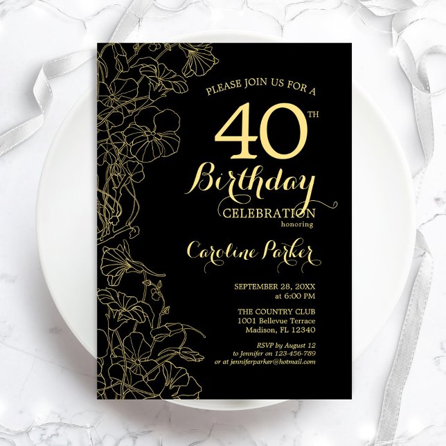 Black Gold Floral 40e Anniversaire Fête Invitation (Créateur téléchargé)