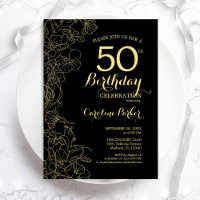 Black Gold Floral 50e Anniversaire Fête Invitation
