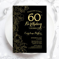 Black Gold Floral 60e Anniversaire Fête Invitation