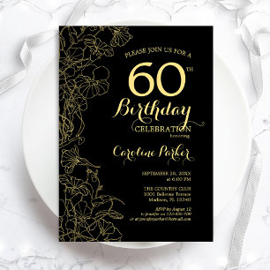 Black Gold Floral 60e Anniversaire Fête Invitation