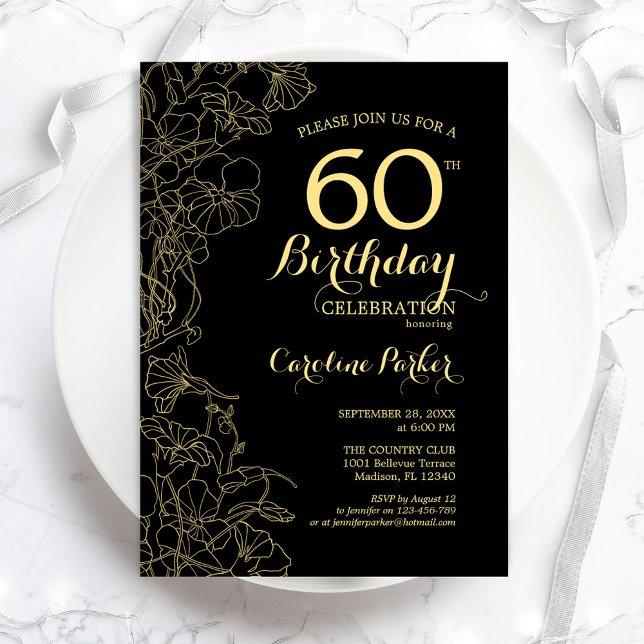 Black Gold Floral 60e Anniversaire Fête Invitation (Créateur téléchargé)