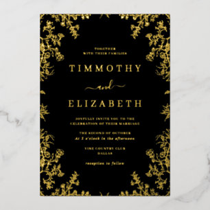 Black Gold Floral Élégant Mariage Foil Invitation