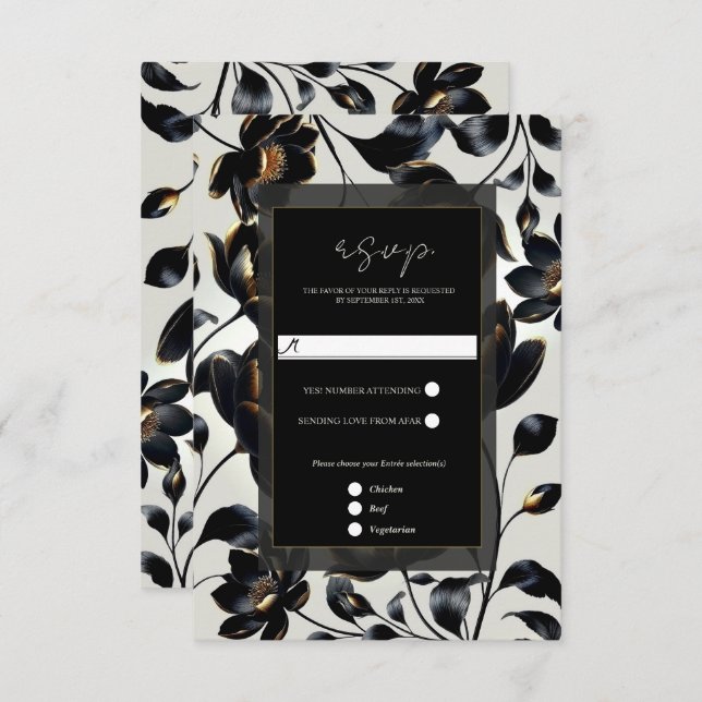 Black & Gold Floral Greige Elégant Mariage RSVP (Devant / Derrière)