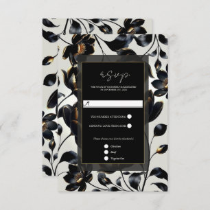 Black & Gold Floral Greige Elégant Mariage RSVP