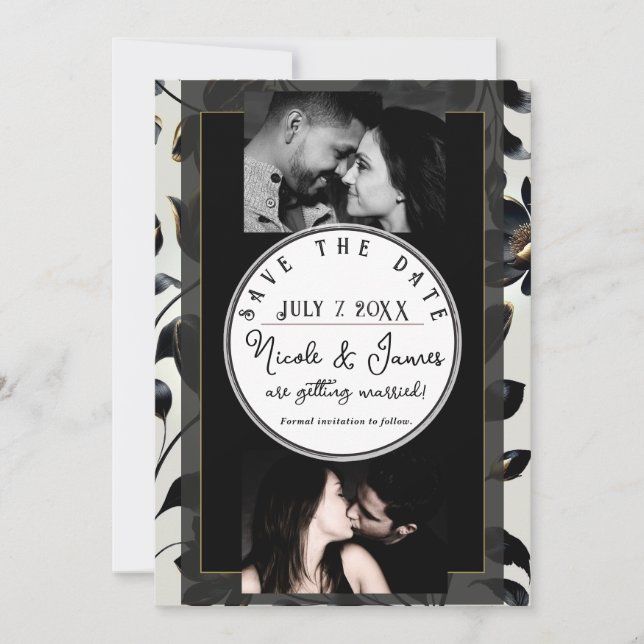 Black & Gold Floral Greige Mariage Enregistrer la  (Devant)