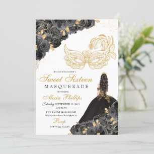 Black & Gold Floral Masquerade Sweet 16 Invitation