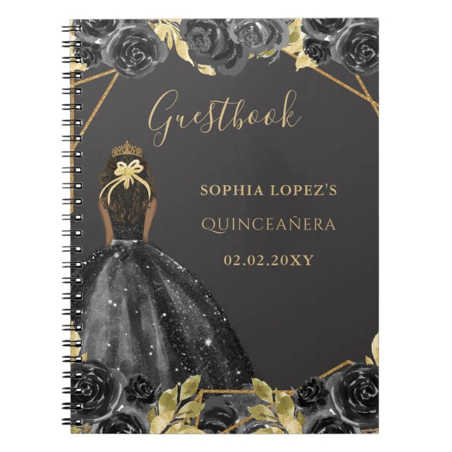 Black Gold Floral Princess Quinceanera Livre d'or (Devant)