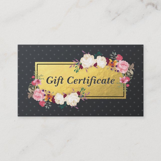 Black Gold Floral Salon Boutique Certificat cadeau (Devant)