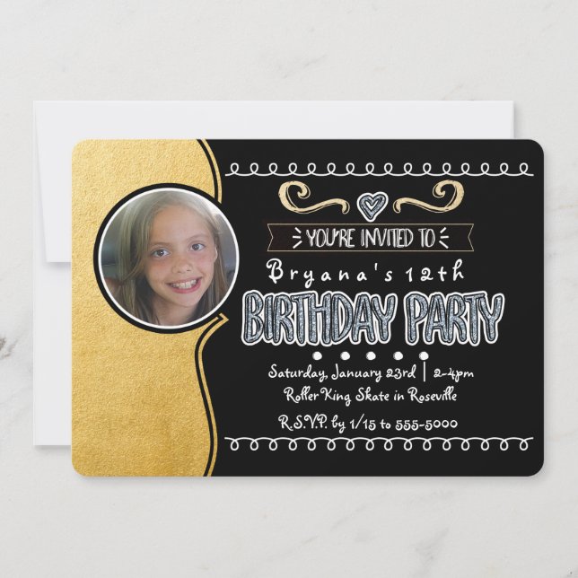 Black & Gold Foil Girls Birthday Photo Invitations (Devant)