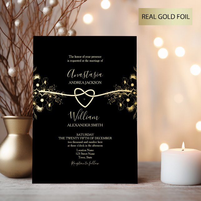 Black Gold Foil Rope Coeur de mariage Invitation (Créateur téléchargé)