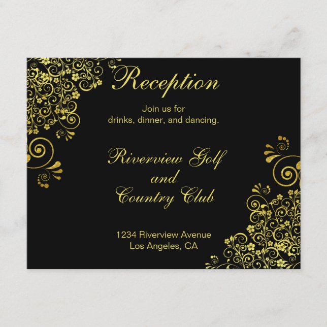 Black Gold Fwirls Mariage Réception Invitation (Devant)