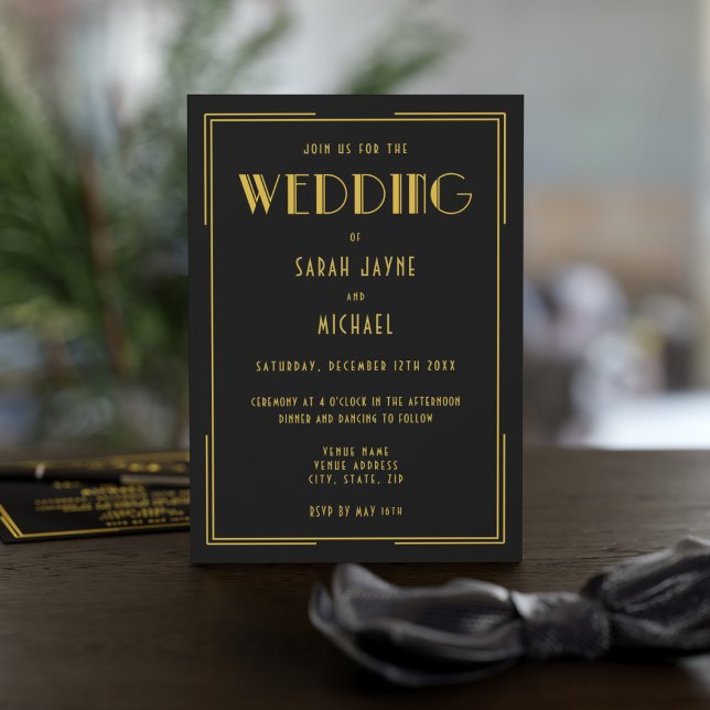 Black Gold Gatsby Déco Style Mariage Invitations (Add your details to this black and gold 1920s themed wedding invitation)