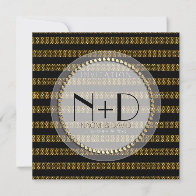 Black Gold Glam Stripes Invitation de réception de (Devant)