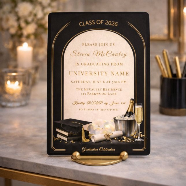 Black Gold Graduation Arch Invitation (Black and gold arch with refined detail for a formal graduation celebration moment)
