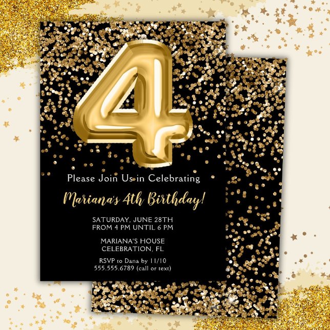 Black Gold Kids Girl 4th Birthday Party Invitation (Créateur téléchargé)