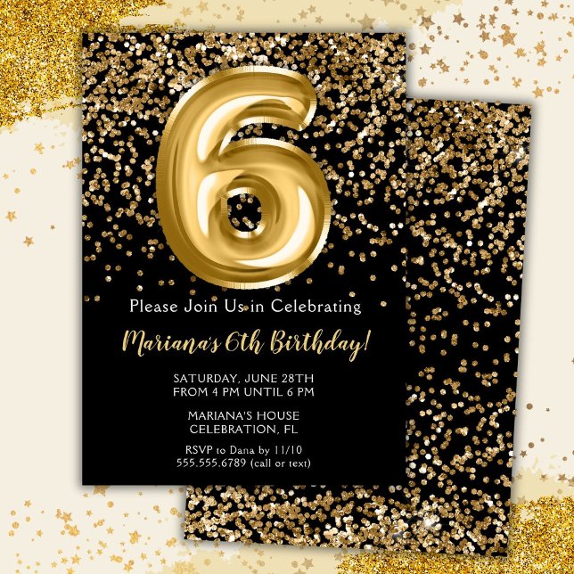 Black Gold Kids Girl 6th Birthday Party Invitation (Créateur téléchargé)