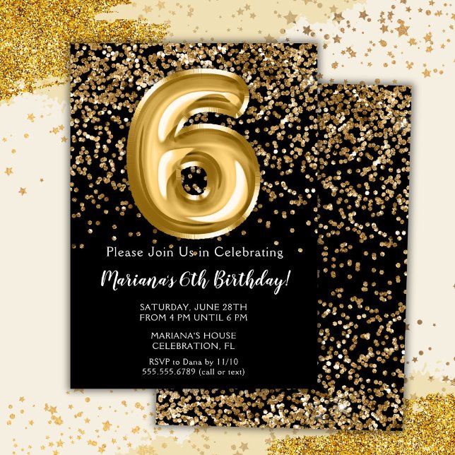 Black Gold Kids Girl 6th Birthday Party Invitation (Créateur téléchargé)