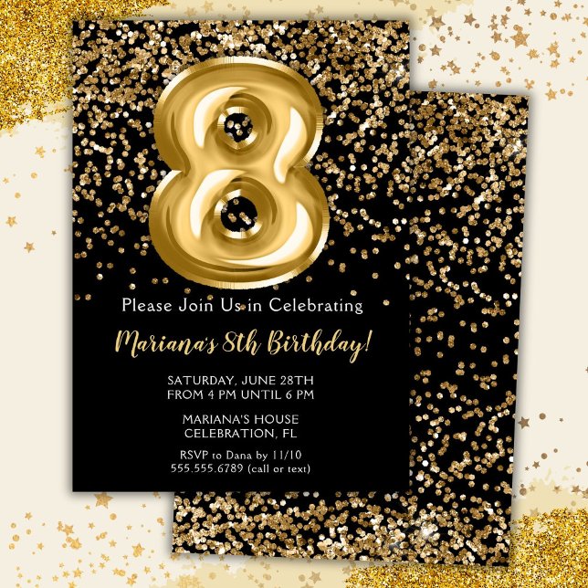Black Gold Kids Girl 8th Birthday Party Invitation (Créateur téléchargé)