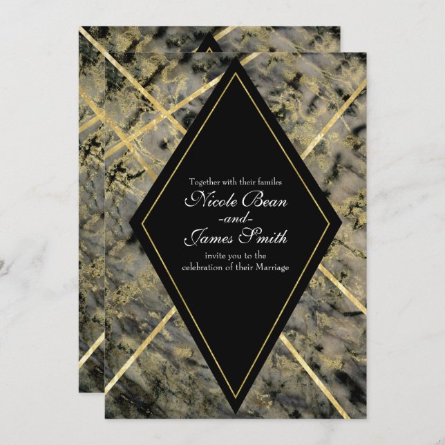 Black & Gold Marble Glam Invitations de mariage (Devant / Derrière)