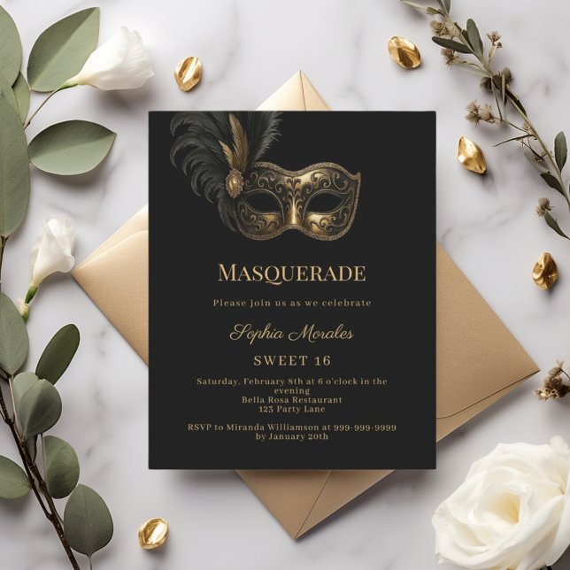 Black gold Masquerade party Sweet 16 invitation (Créateur téléchargé)