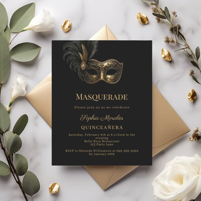 Black gold Masquerade Quinceanera invitation (Créateur téléchargé)