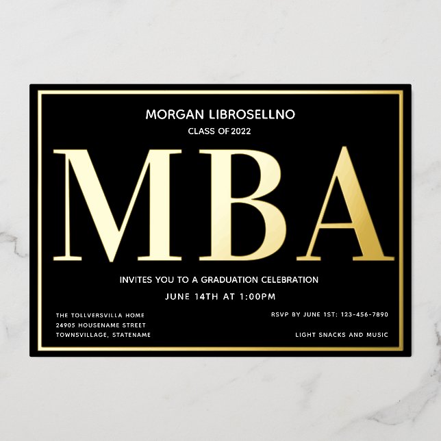 Black Gold MBA Graduation Foil Invitation (Recto)