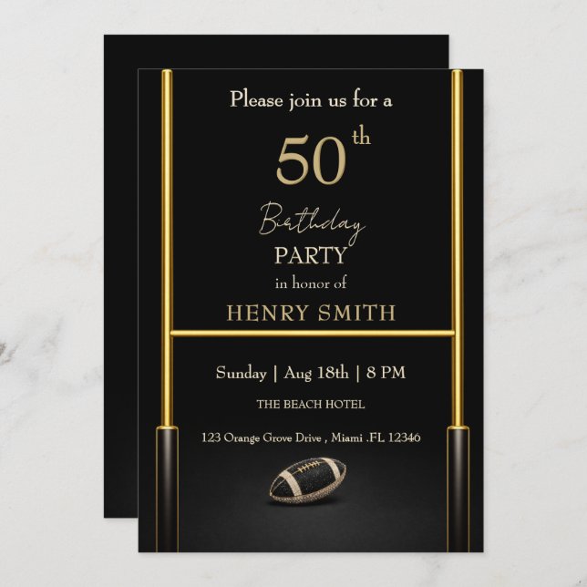 Black & Gold Men's Birthday Invitation (Devant / Derrière)