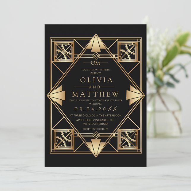Black & Gold Modern Art Deco Wedding Invitation  (Debout devant)