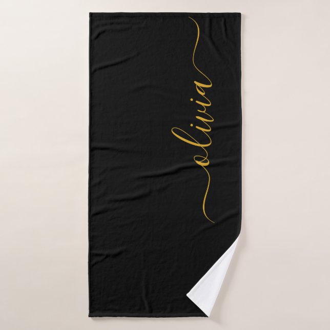 Black Gold Modern Script Girl Monogramme Nom (Serviette de bain)