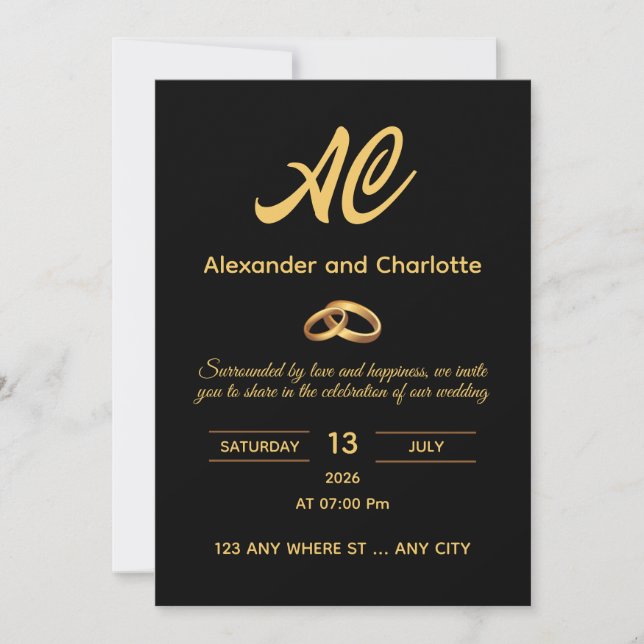 Black Gold Monogram Wedding Invitation (Devant)