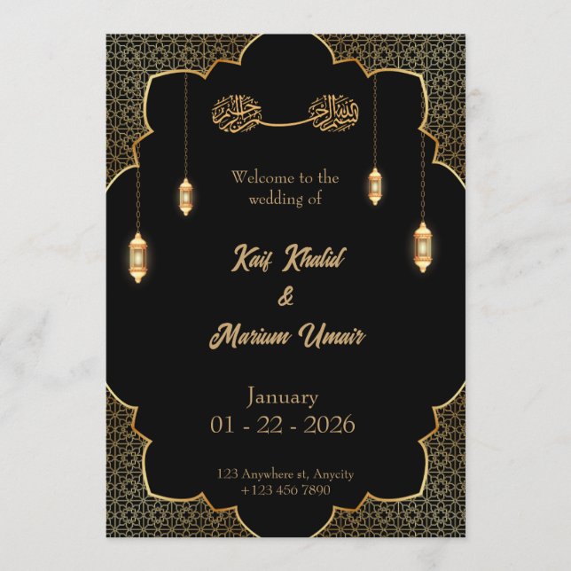 Black & Gold Muslim wedding invitation Editable (Devant)