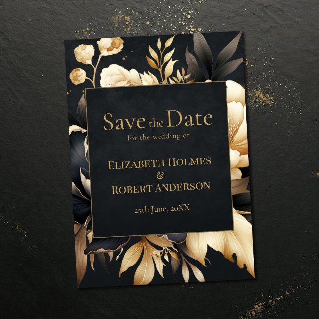 Black & Gold Peony Gothic Save the Date (Black & Gold Peony Gothic Save the Date on a dark vintage table)